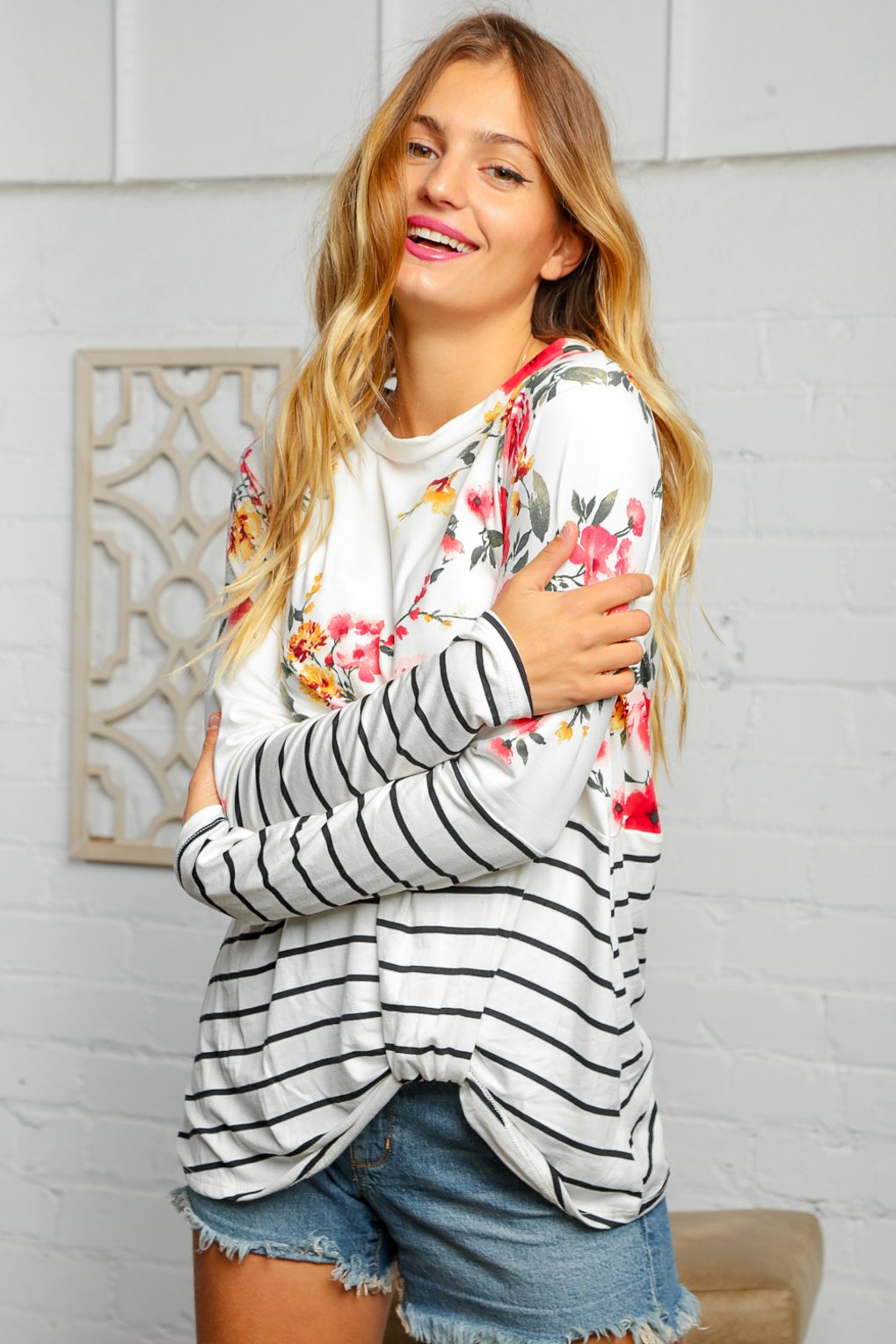 Floral Stripe Color Block Knot Hem Top