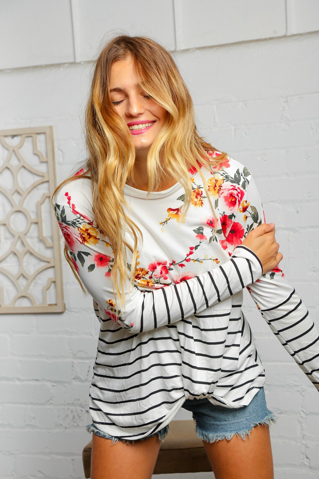 Floral Stripe Color Block Knot Hem Top