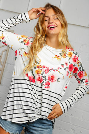 Floral Stripe Color Block Knot Hem Top