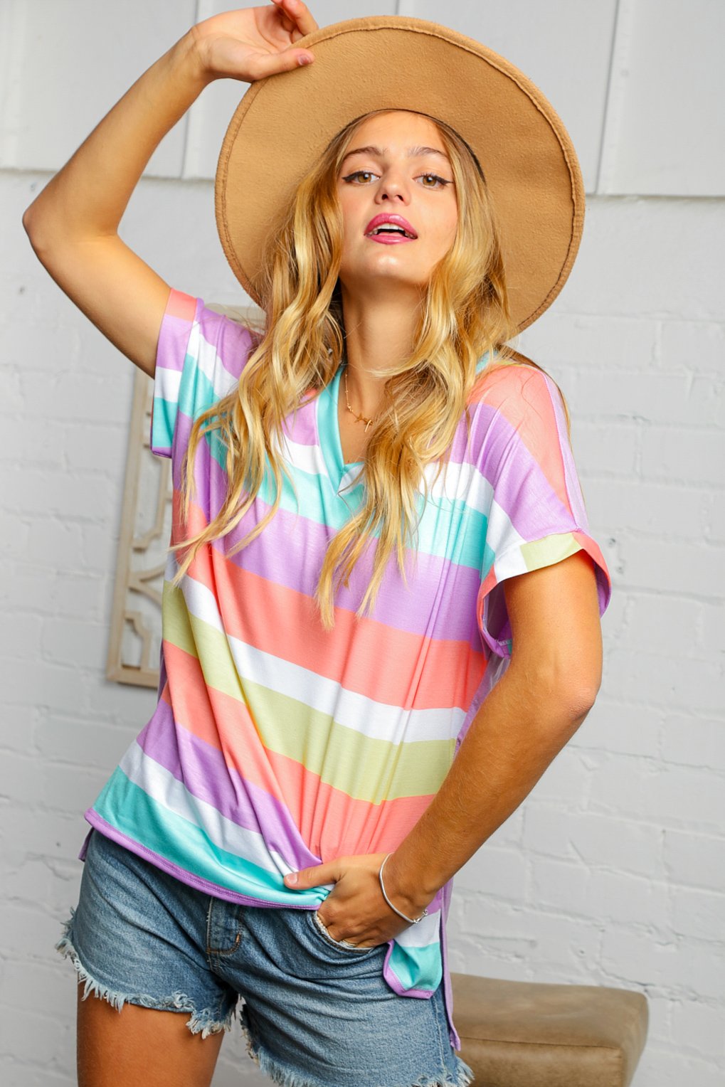 V Neck Stripped Color Block Top