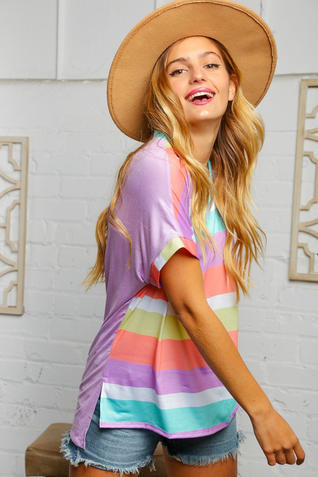 V Neck Stripped Color Block Top