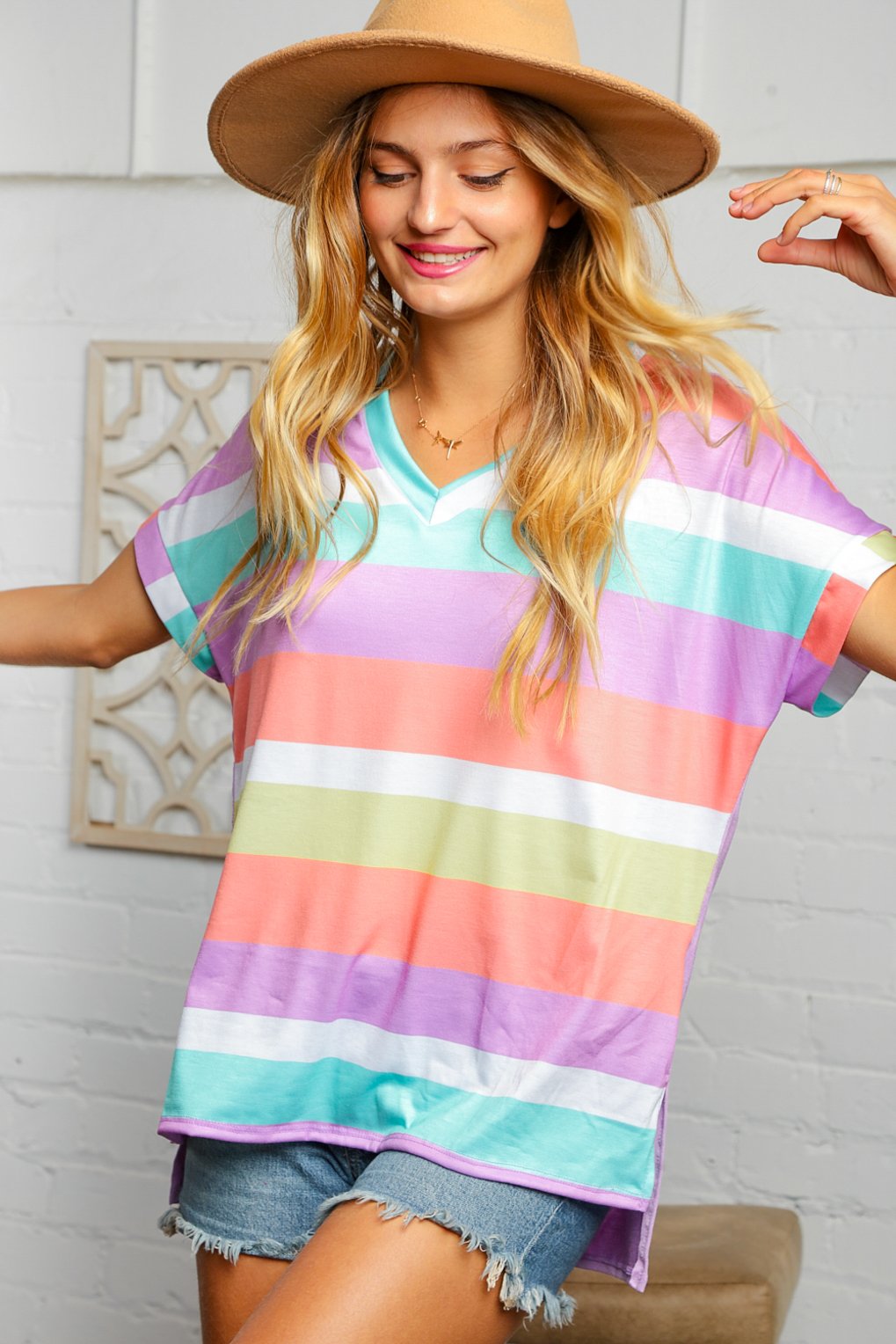 V Neck Stripped Color Block Top
