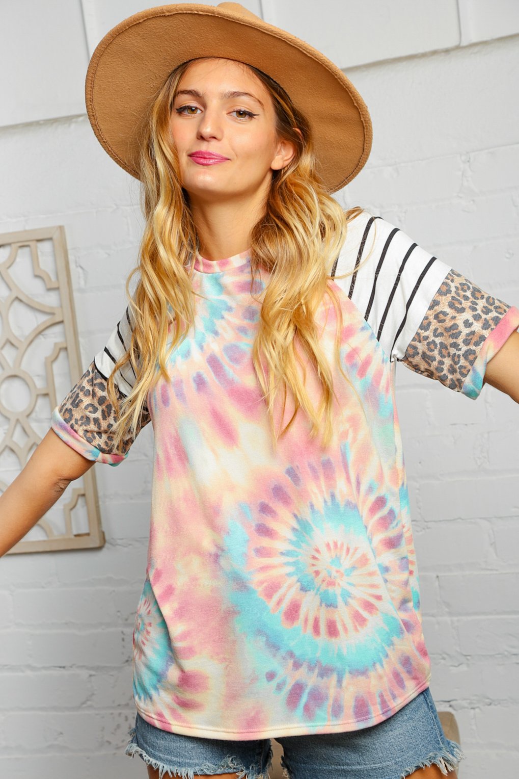 Tie Dye Stripe Leopard French Terry Raglan Top