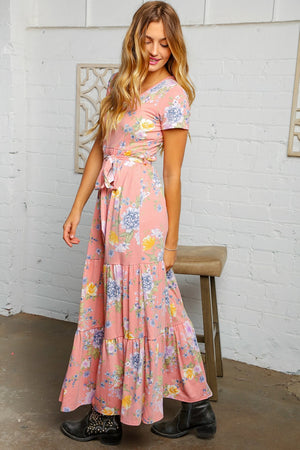 Peach and Floral Tiered Belted Maxi Dress
