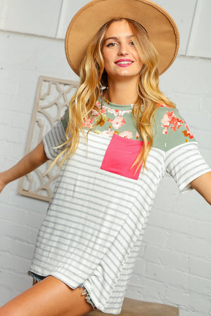 Mint Floral and Stripe Front Pocket Top