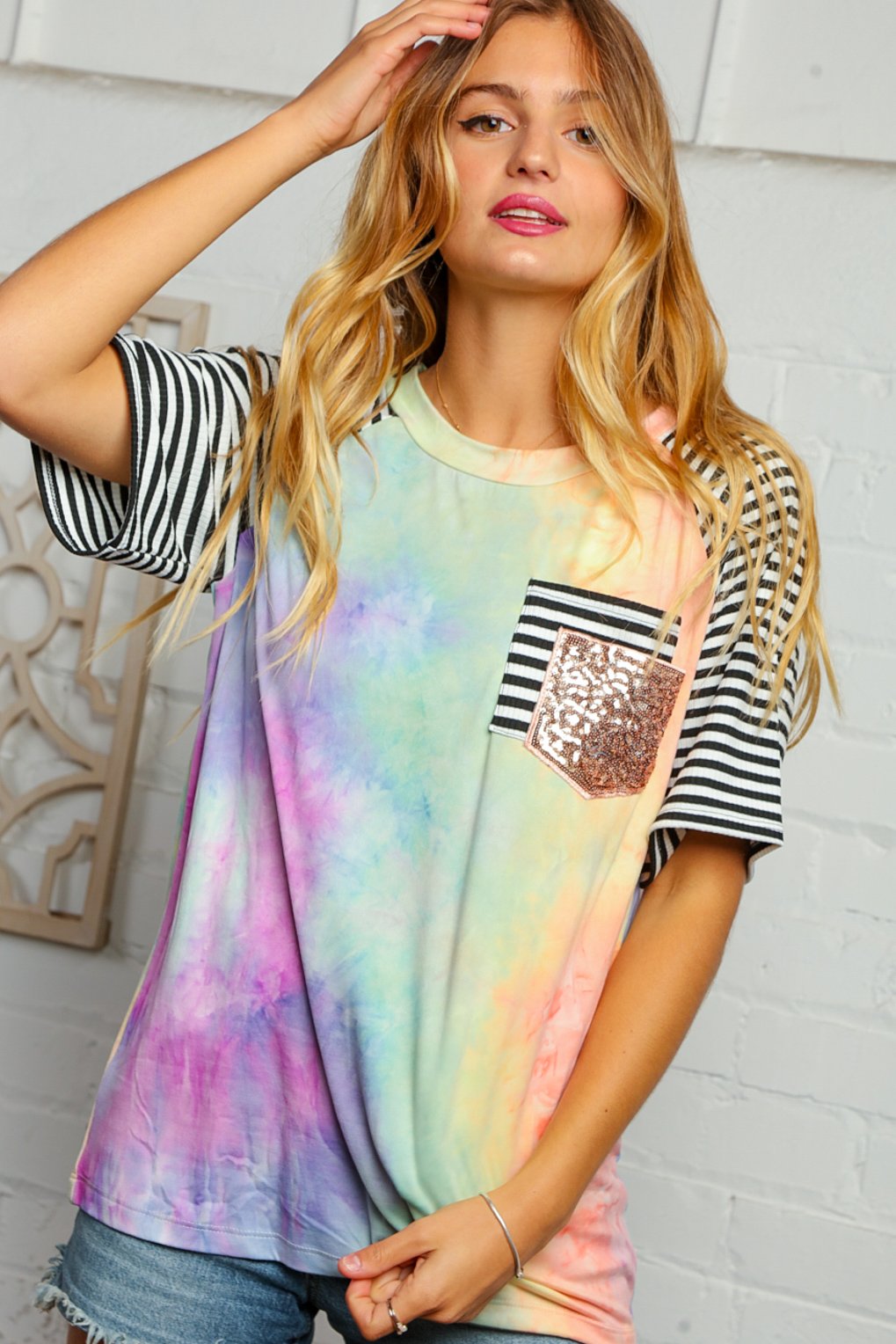 Tie Dye Raglan Double Sequins Pocket Top