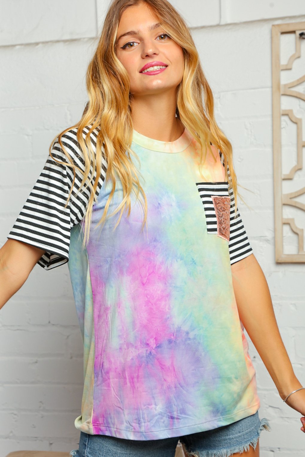 Tie Dye Raglan Double Sequins Pocket Top