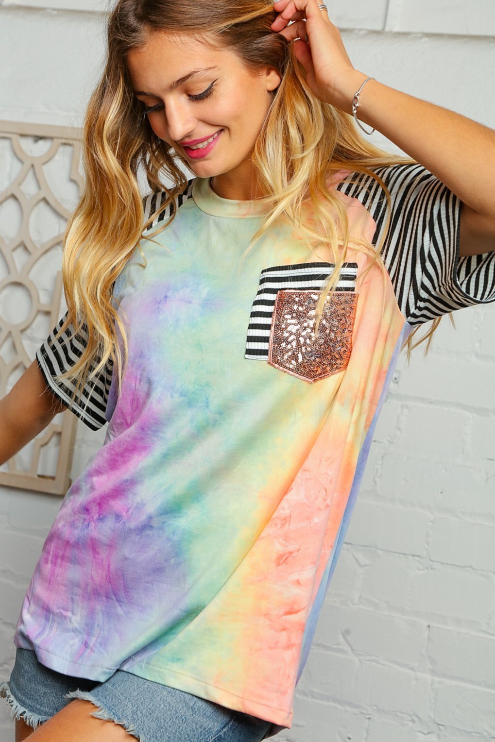 Tie Dye Raglan Double Sequins Pocket Top