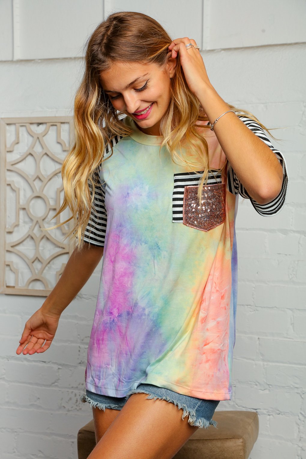 Tie Dye Raglan Double Sequins Pocket Top