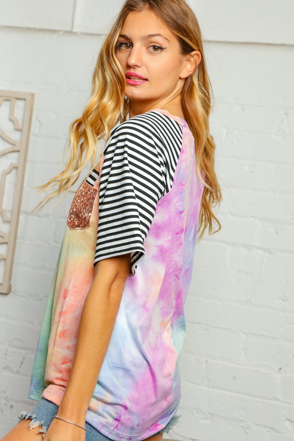 Tie Dye Raglan Double Sequins Pocket Top