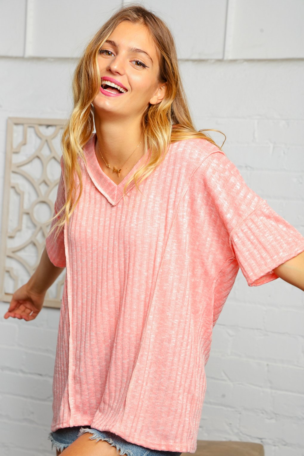 Two Tone Rib Out Seam Slouchy Top