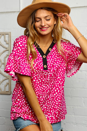 Fuchsia Animal Print Flutter Sleeve Top