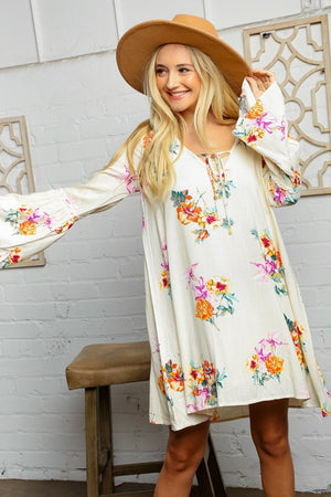 Cream Floral Bell Sleeve Lined Dress