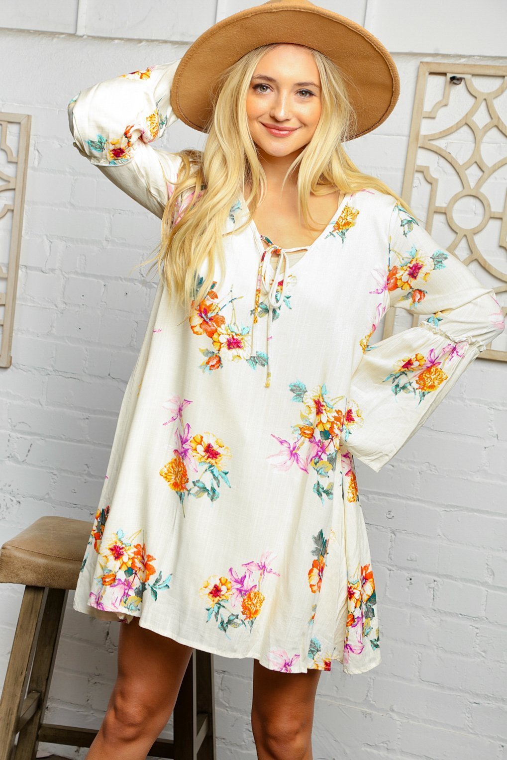 Cream Floral Bell Sleeve Lined Dress