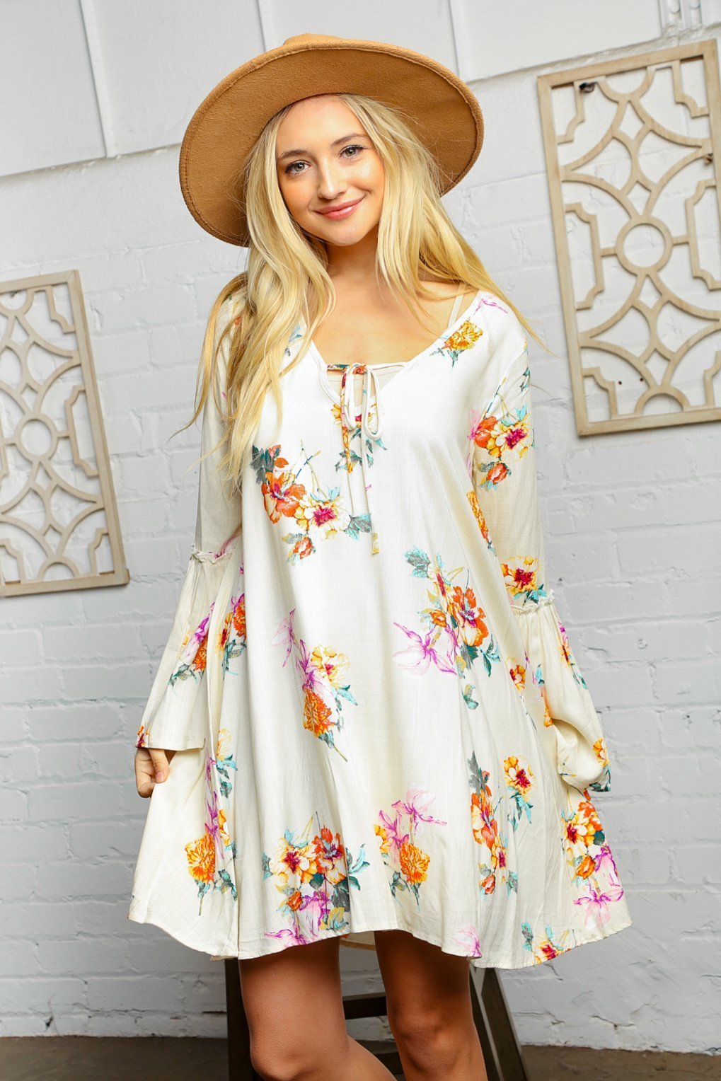 Cream Floral Bell Sleeve Lined Dress