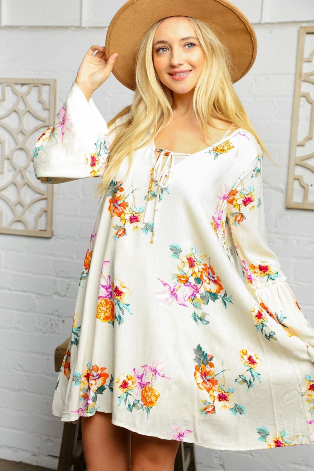 Cream Floral Bell Sleeve Lined Dress