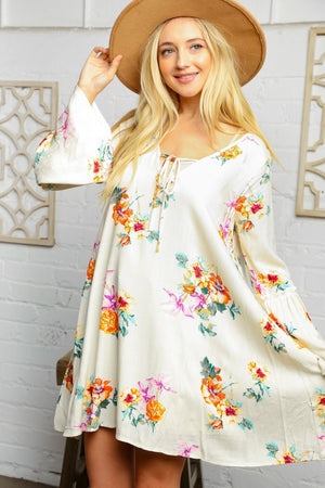 Cream Floral Bell Sleeve Lined Dress