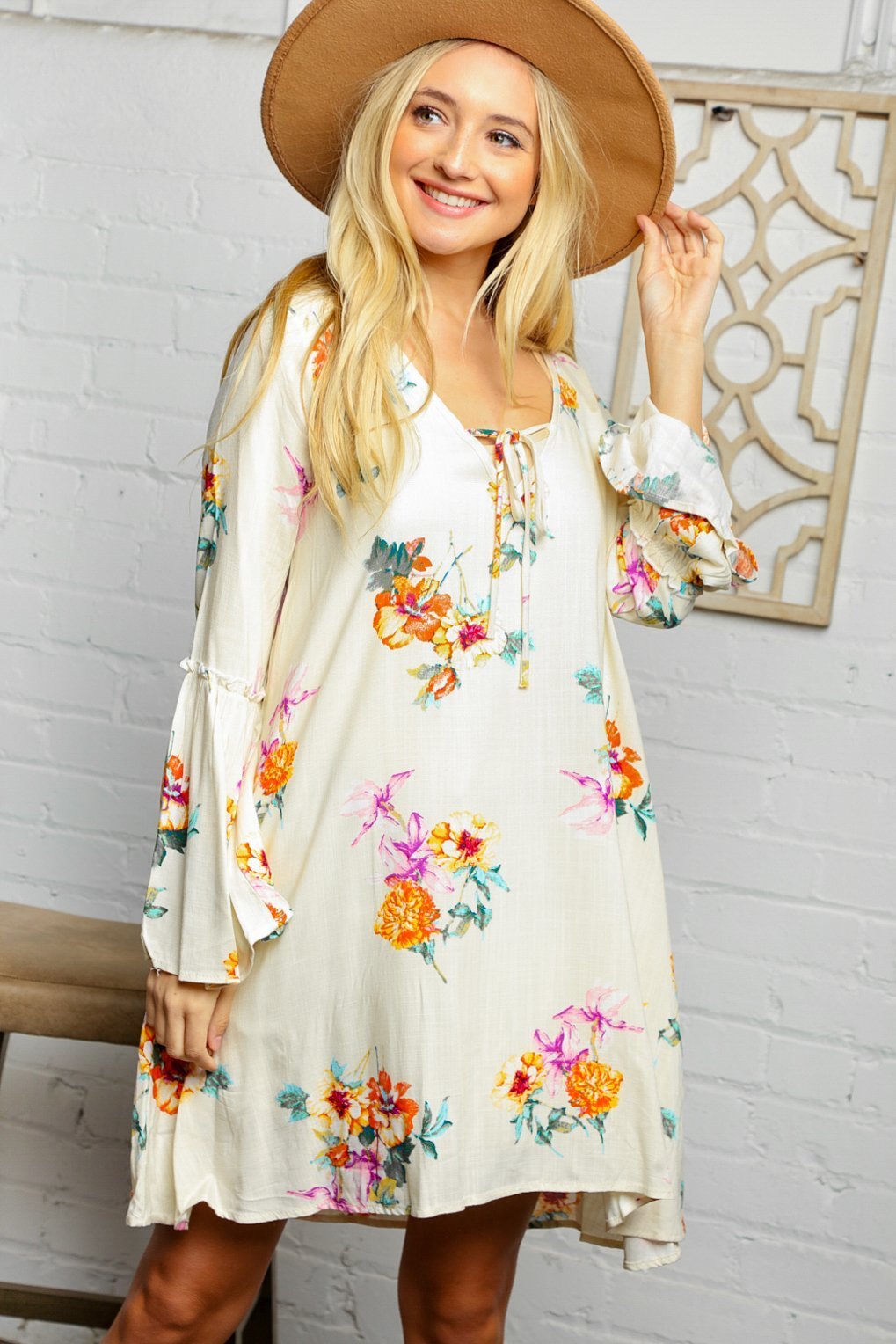 Cream Floral Bell Sleeve Lined Dress