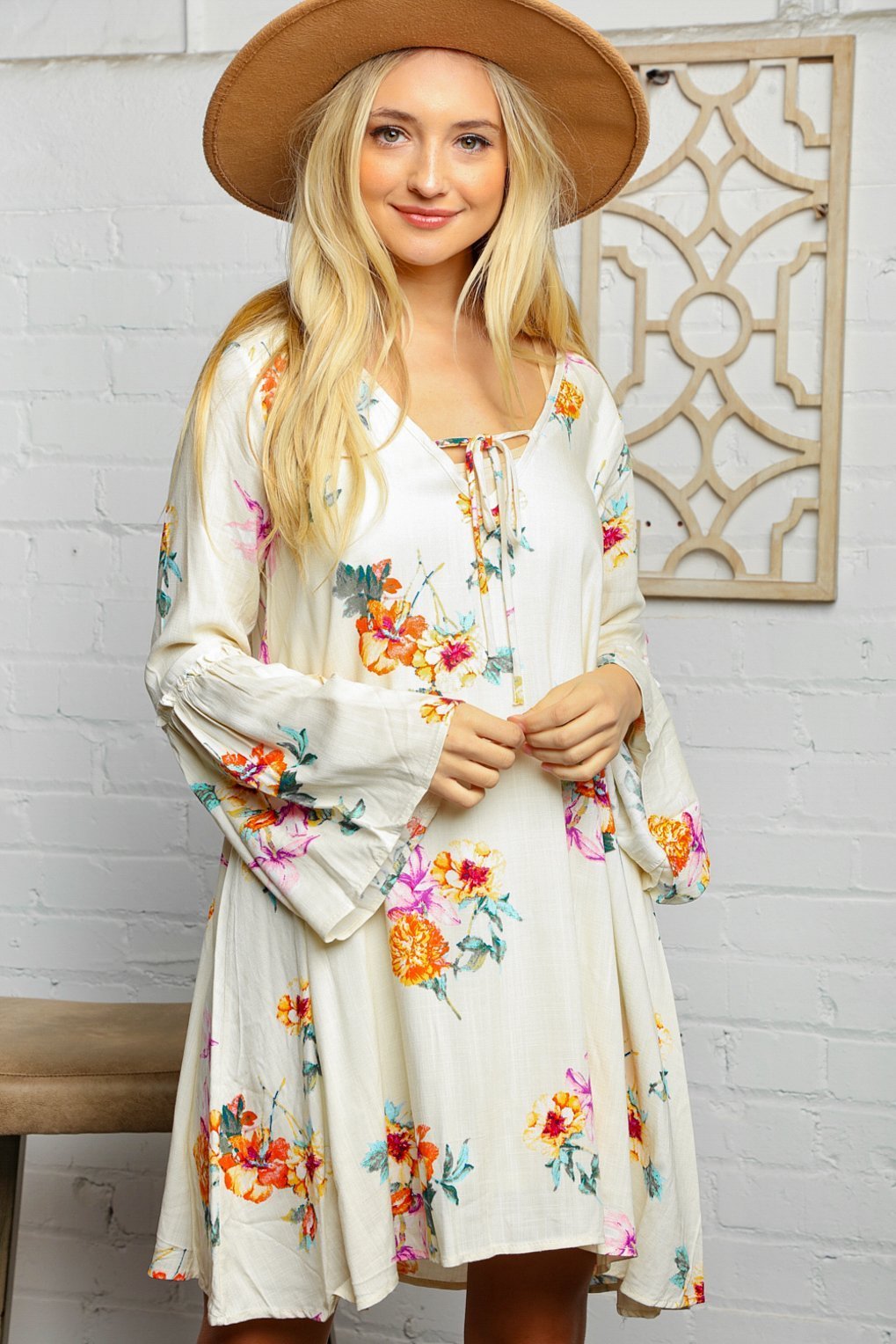 Cream Floral Bell Sleeve Lined Dress