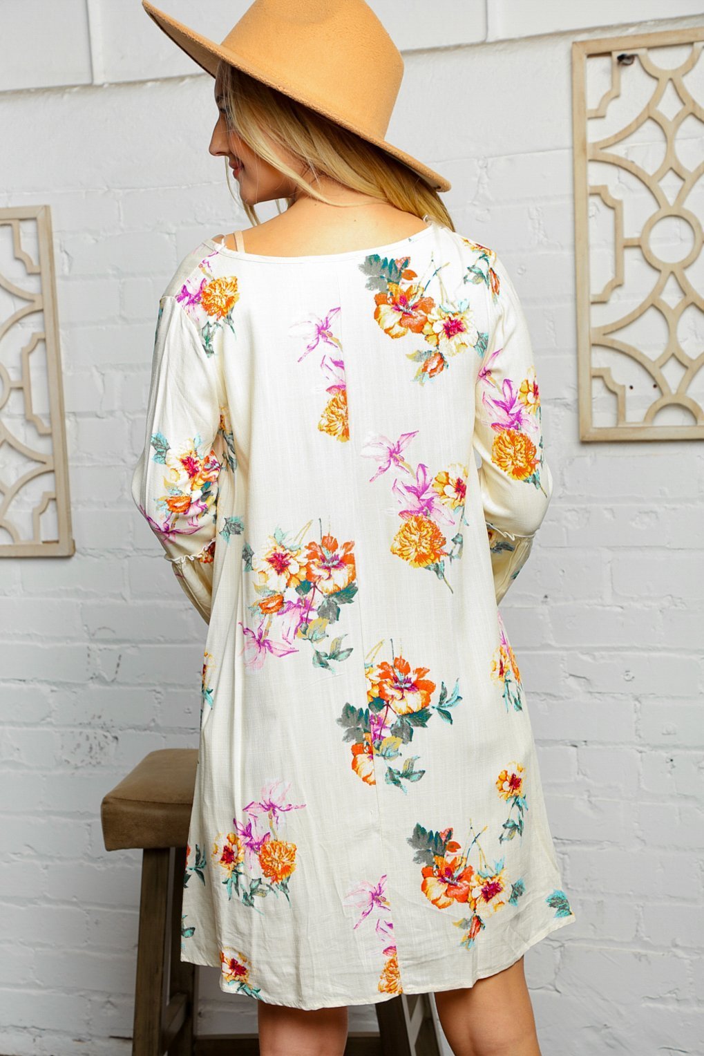 Cream Floral Bell Sleeve Lined Dress