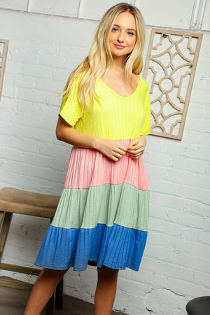 Color Block Tiered V-Neck Ribbed Dress