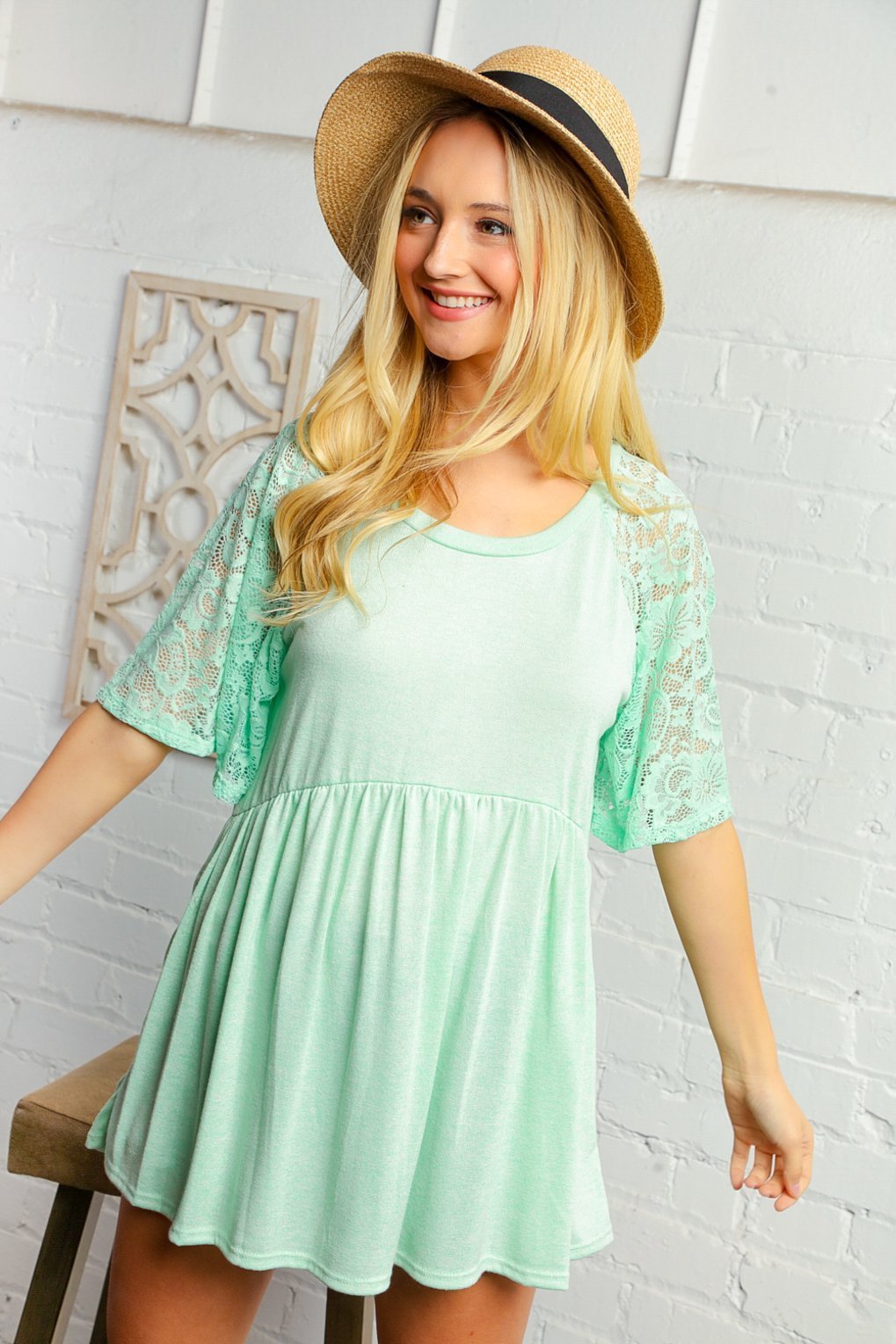 Mint Crochet Sleeve BabyDoll Blouse