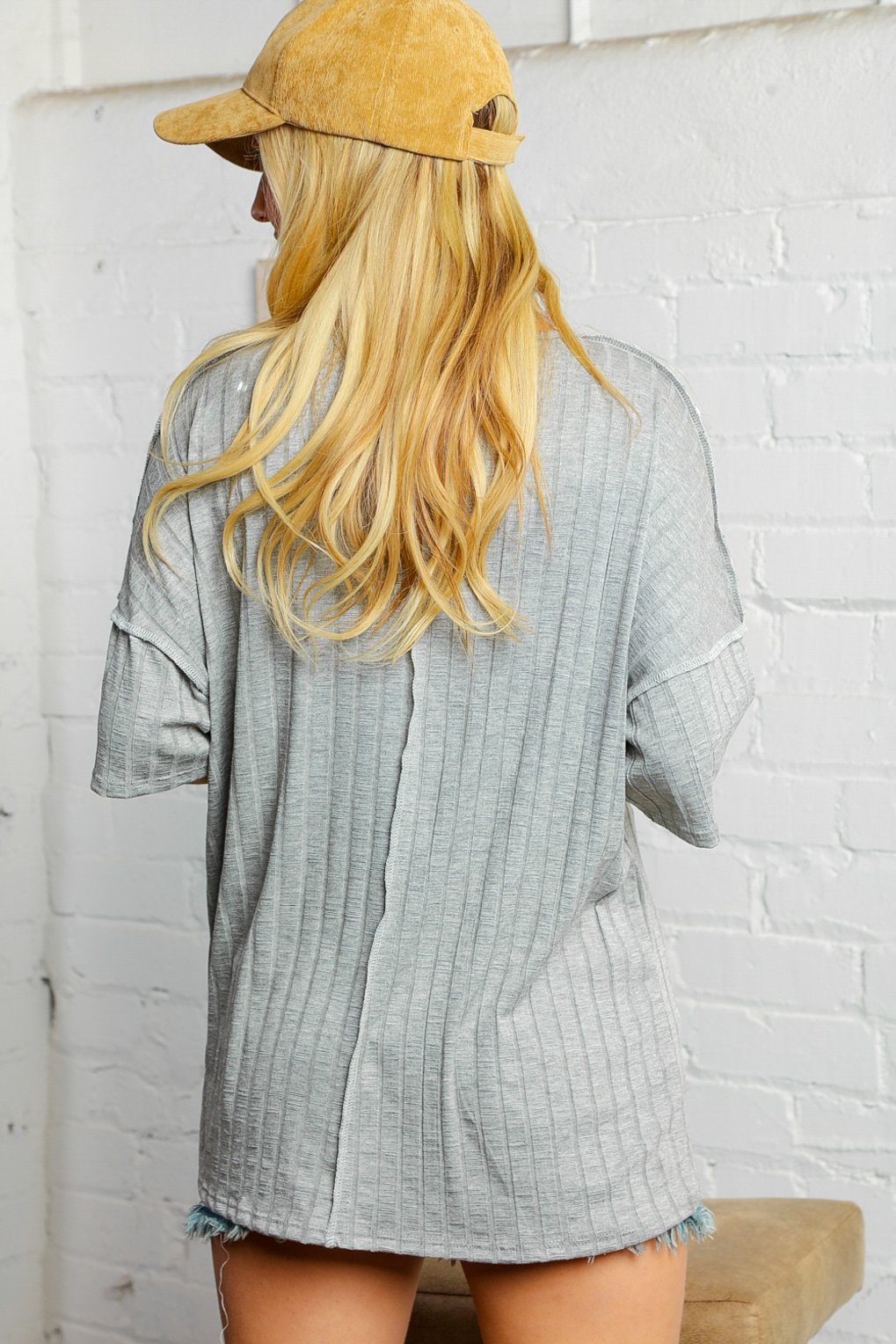 Grey Ribbed Animal Button Down Blouse