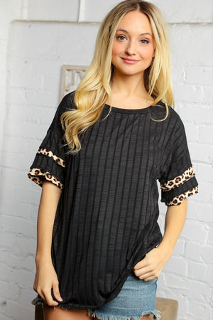 Black Ribbed Animal Game Day Stripe Blouse
