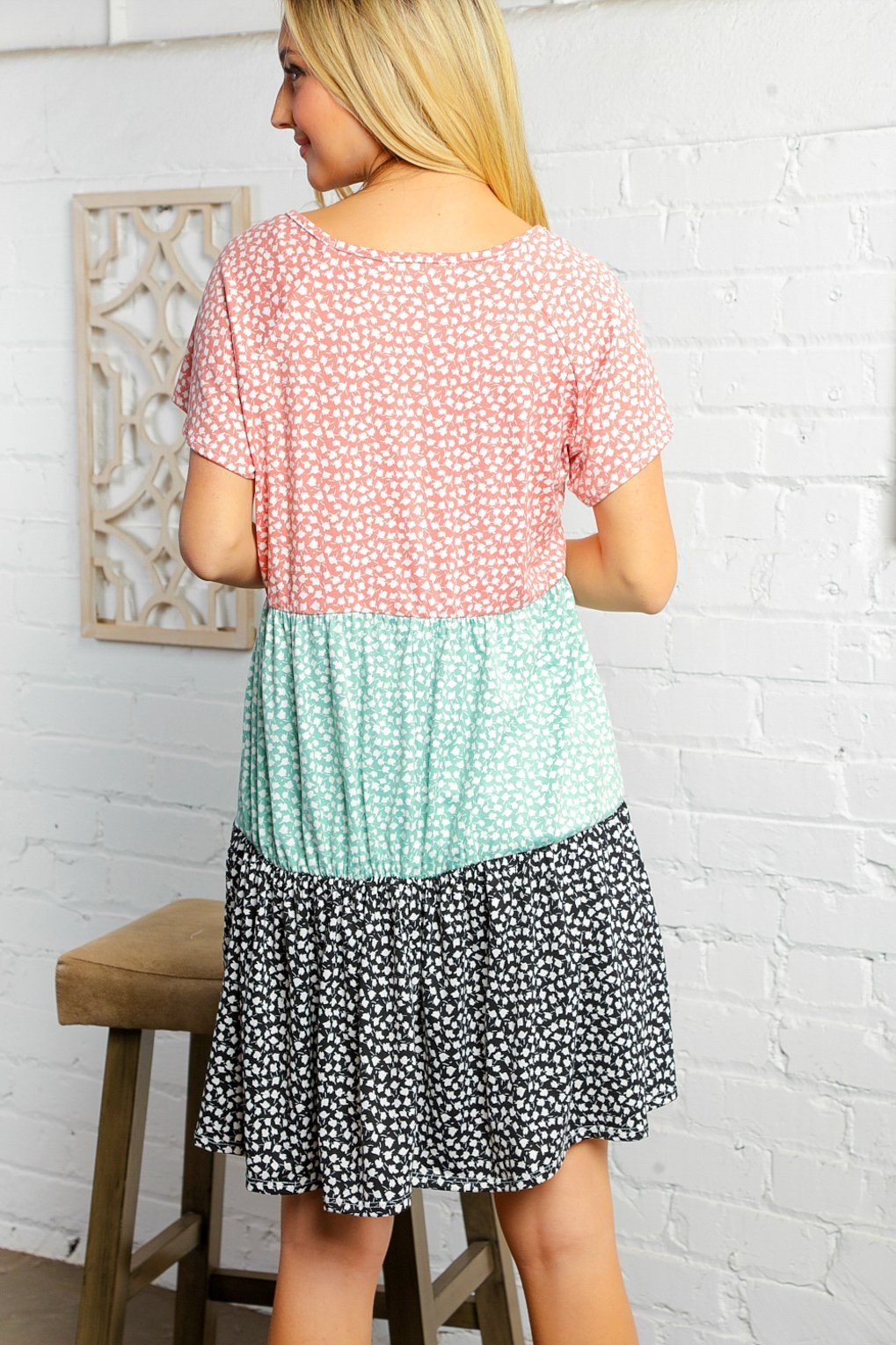 Multi Color Block Tiered Print Midi Dress