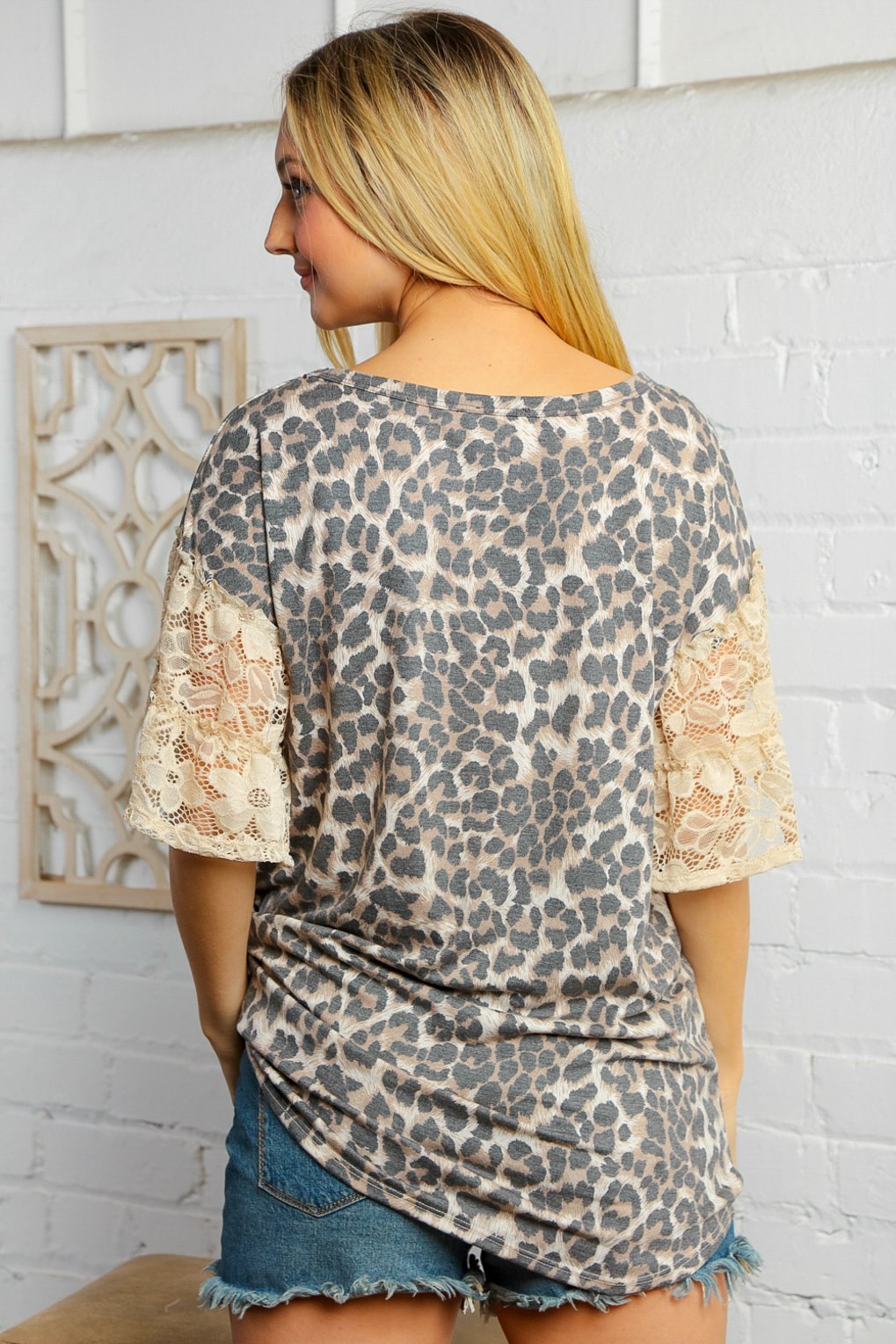 Leopard Print Ruffle Lace Sleeve Top