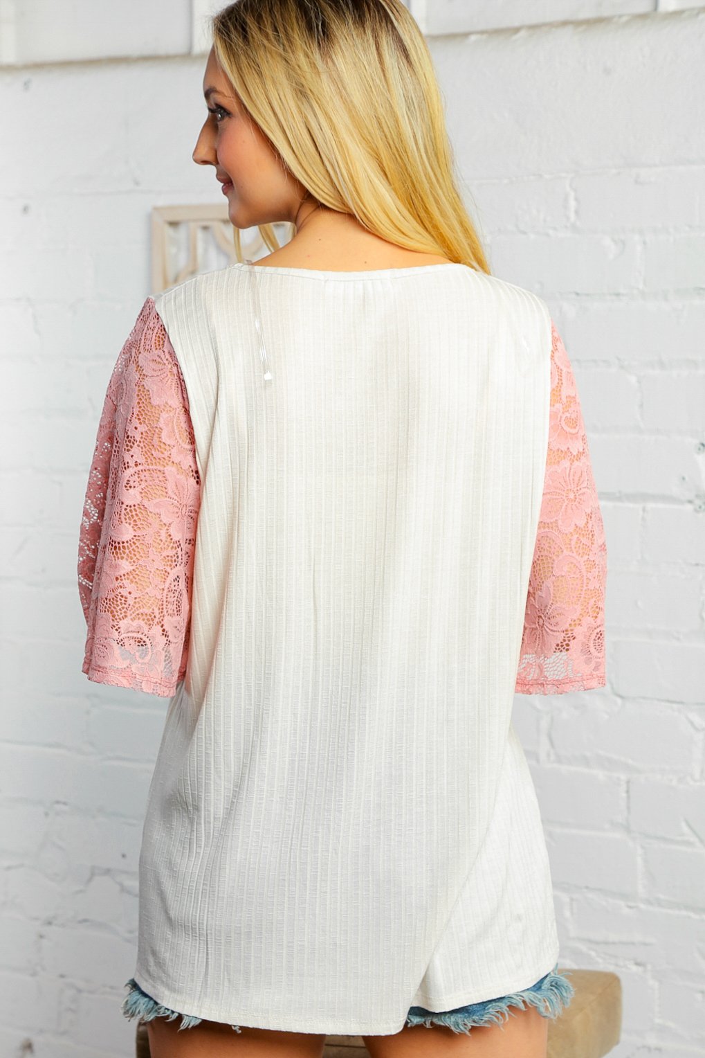 Rib Knit Lace Flutter Sleeve Top