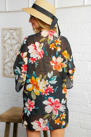 Black Watercolor Floral Open Kimono