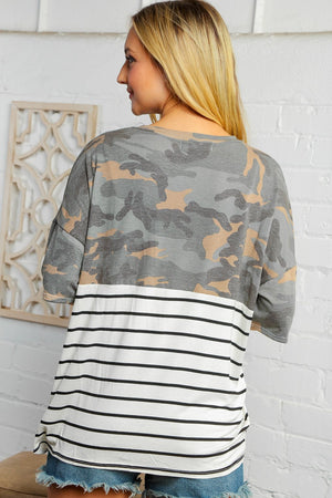 Camo Stripe Coral Pocketed Blouse