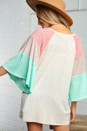Two Tone Rib Color Block Bell Sleeve Top