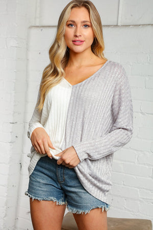 Ash and Cream Knit Ribbed Color Block Top