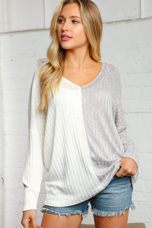 Ash and Cream Knit Ribbed Color Block Top