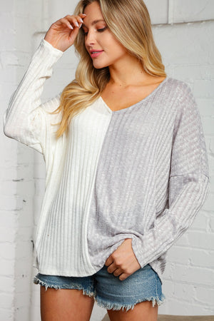 Ash and Cream Knit Ribbed Color Block Top