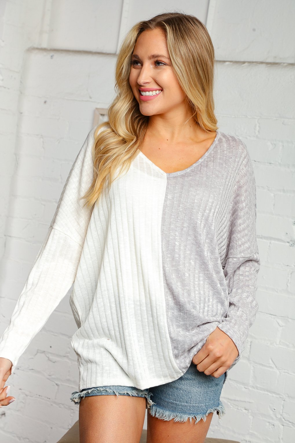 Ash and Cream Knit Ribbed Color Block Top
