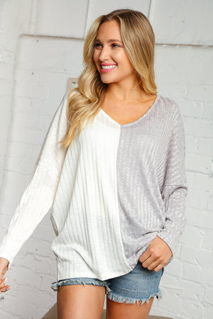 Ash and Cream Knit Ribbed Color Block Top