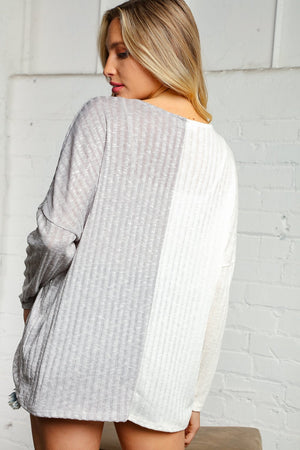 Ash and Cream Knit Ribbed Color Block Top