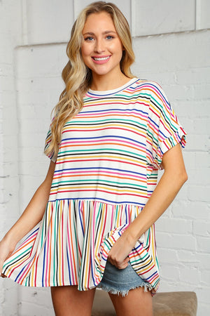 Multi Stripe Babydoll Peplum Knit Top