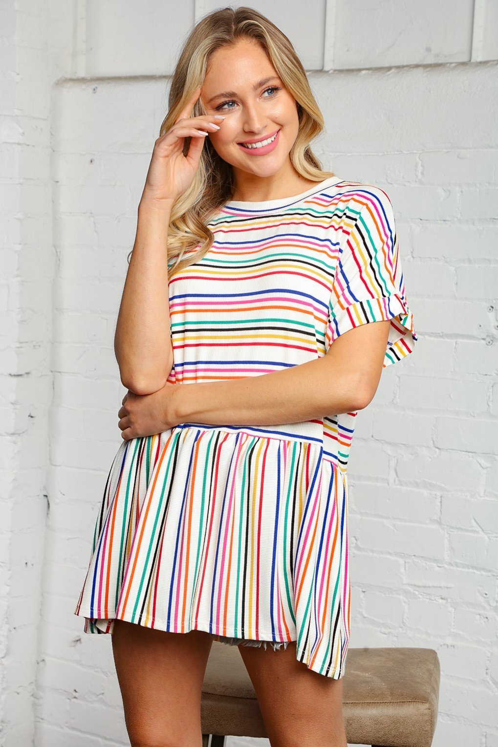 Multi Stripe Babydoll Peplum Knit Top