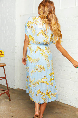 Light Blue Tropical Print Design Button Dress