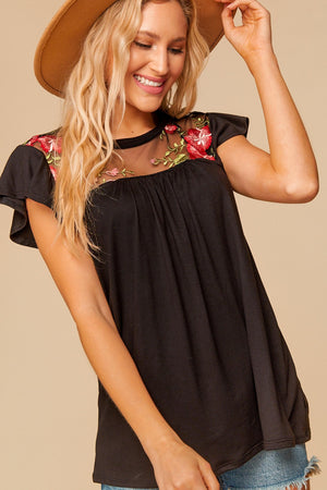Embroidered Mesh Yoke Ruffle Sleeve Blouse