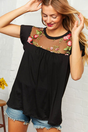 Embroidered Mesh Yoke Ruffle Sleeve Blouse