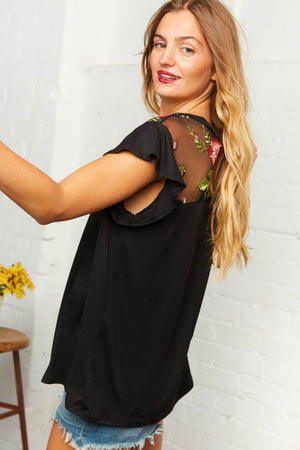 Embroidered Mesh Yoke Ruffle Sleeve Blouse