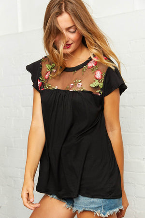 Embroidered Mesh Yoke Ruffle Sleeve Blouse