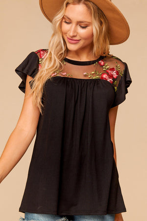 Embroidered Mesh Yoke Ruffle Sleeve Blouse
