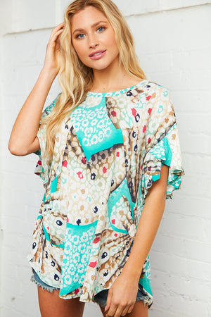 Multi Print Ruffle Sleeve Scallop Hem Tunic