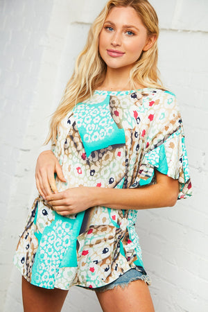 Multi Print Ruffle Sleeve Scallop Hem Tunic